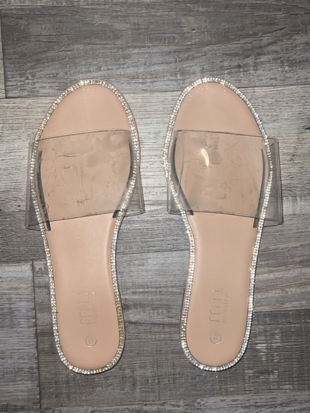 Nude Slide Sandals with Clear Straps and Crystal Trimming